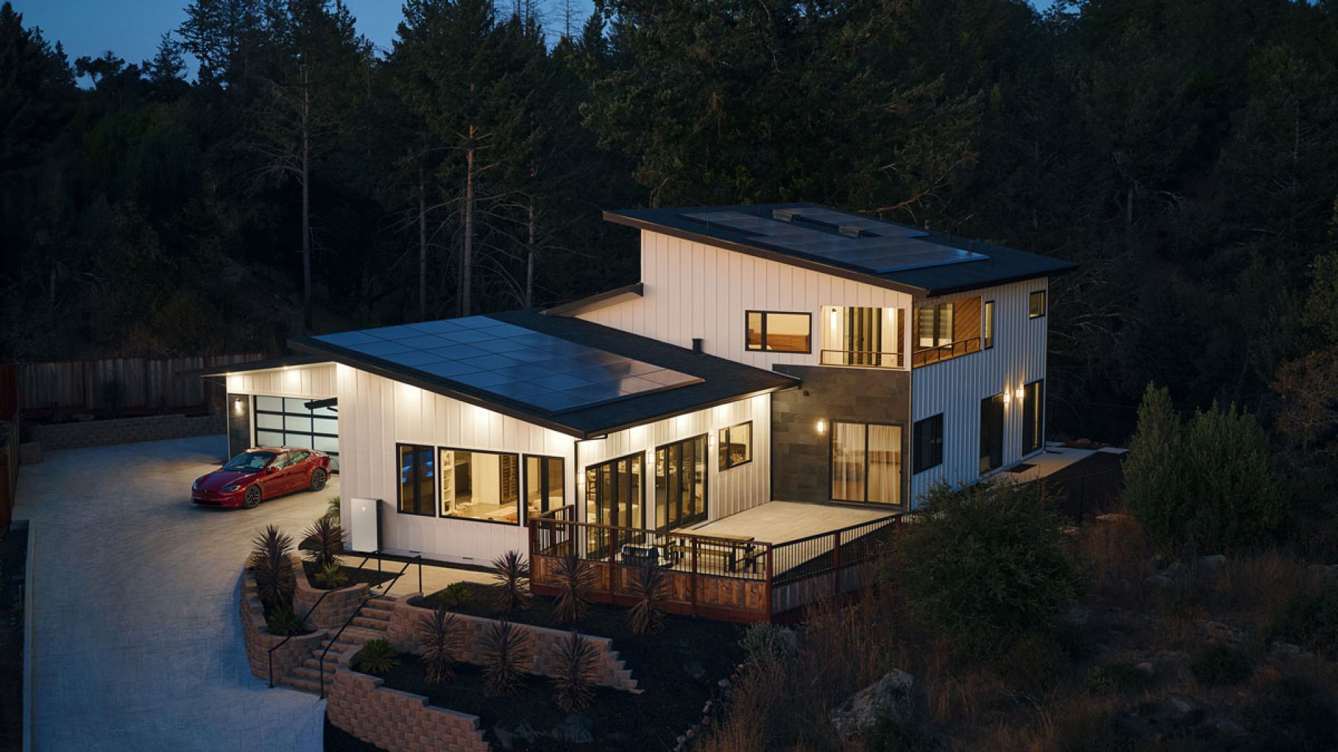 solar powered home with lights on