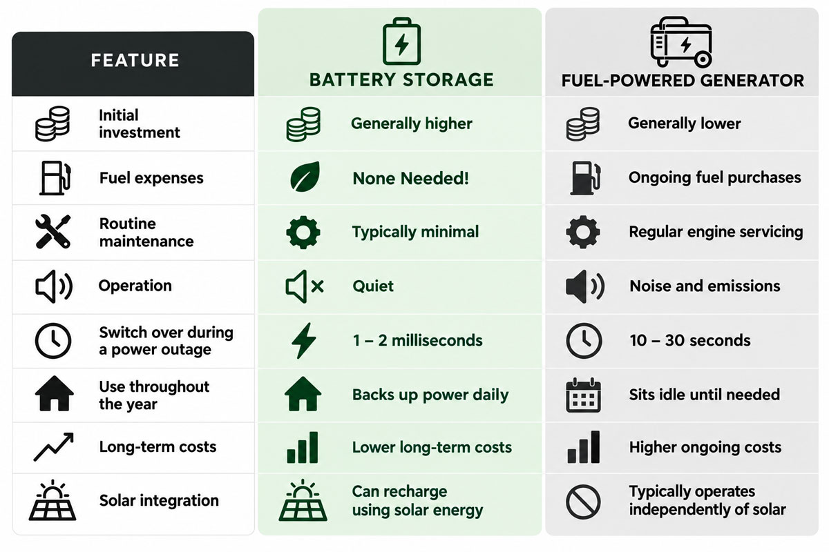 Battery Storage vs Fuel Generator Comparison